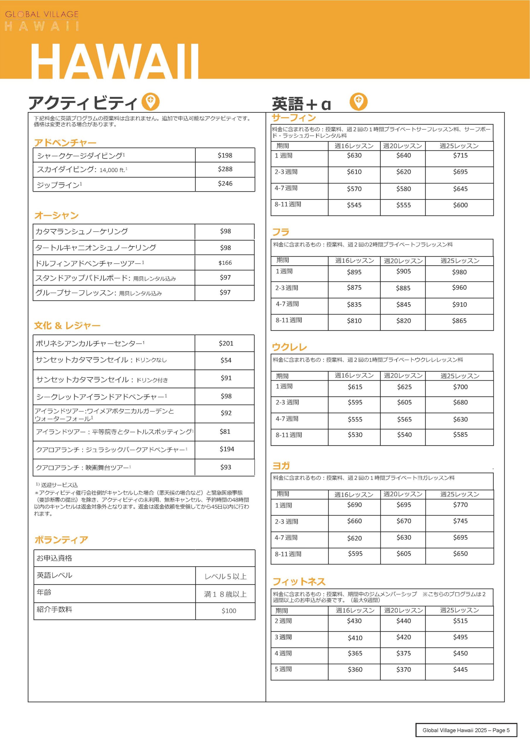 アクティビティ授業料