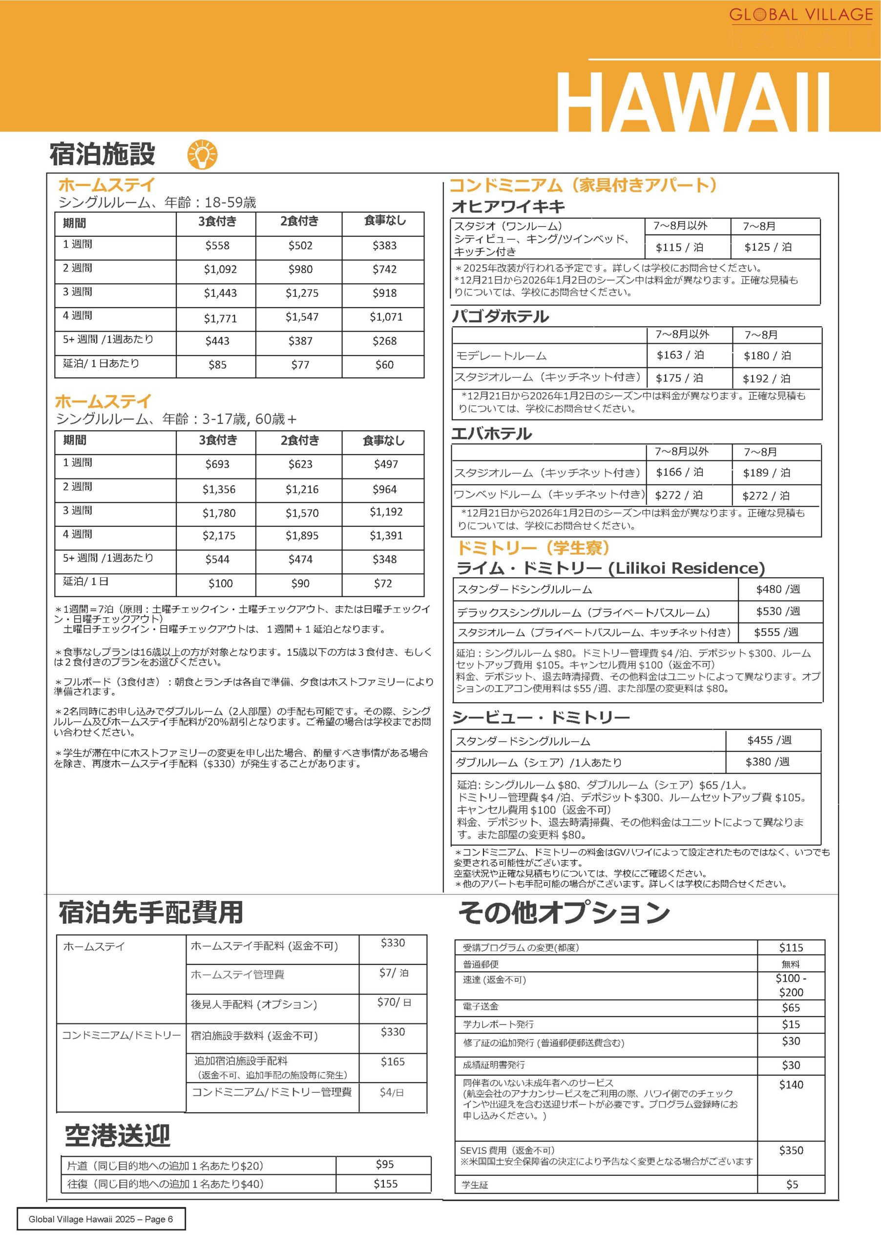 ホームステイなどの滞在費用